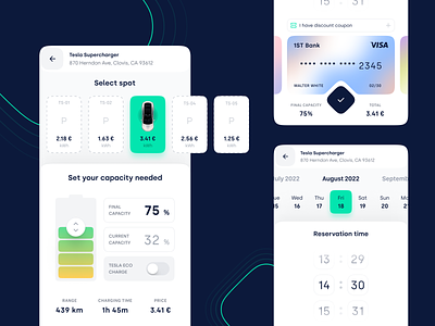 Charging station reservation | Select spot & payment app app design battery car card clean date design electric ev figma future interface parking payment select tesla ui ux white