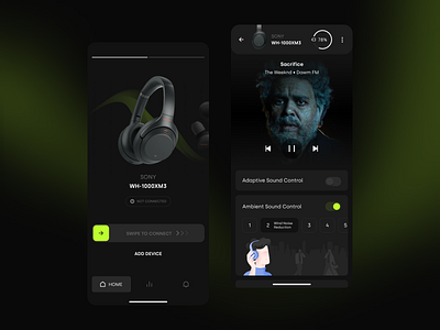 Headphones configuration app app app design black clean control dark mode design device figma grey headphones interface media music settings sony sound swipe ui ux