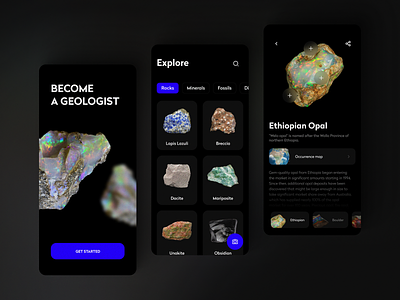 Database of minerals with the possibility of scanning app app design black blue clean design experience fossil gems geology interface minerals rocks scan scanning ui user experience user interface ux