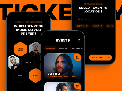 TICKETSY | Discover music events app app design clean concept design drum and bass event eventapp festival figma interface mobile app music orange rave ui user experience user interface ux