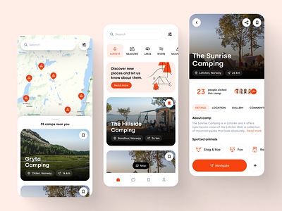 Camping Spots | Mobile App android app app design clean design figma interface ios iphone mobile app mobile design modern orange trends ui uidesign user experience user interface ux uxdesign