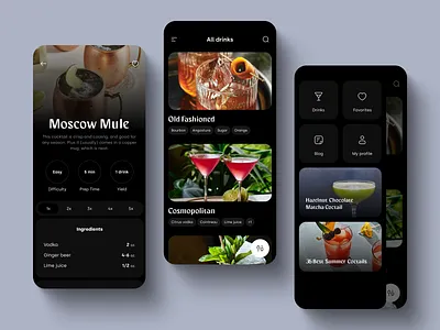 Mobile app with drink recipes app app design black clean cocktail dark mode design drink figma graphic design interface list mobile app recipe summer ui uiux user experience user interface ux