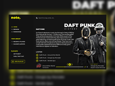 UI for a concept music player, note black daftpunk fun graphicdesign logo music music player musicplayer songs songslyrics ui ui ux uiux yellow