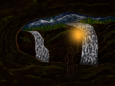 A Man On Cave At Night cave cavemen digitial art drawing man moon moonlight mountains night painting procks waterfall