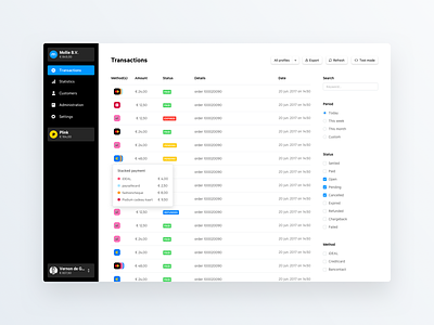 Dashboard – Transactions dashboard design framer mollie navigation payments prototype sidebar transactions