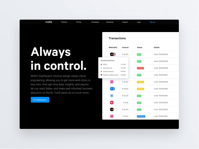 Always in control animation dashboard framer header interface mollie page prototype ui web website