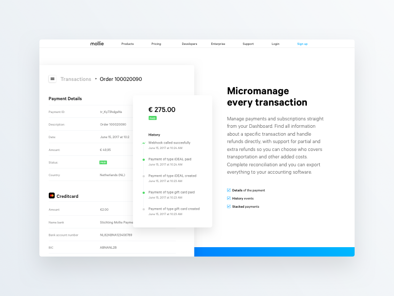 Micromanage every transaction block dashboard framer prototype animation web ui interface mollie page website