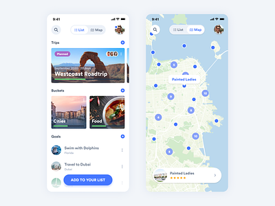 iBucket - Trips & Maps app blue branding bucketlist design flat goals list map mobile travel trips ui ux