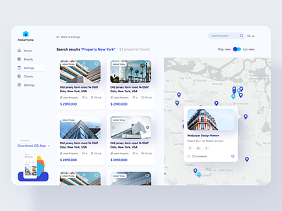 Real Estate Search Result Page agent apartment app download design agency design support home listing map view ofspace agency property real estate results searching website design