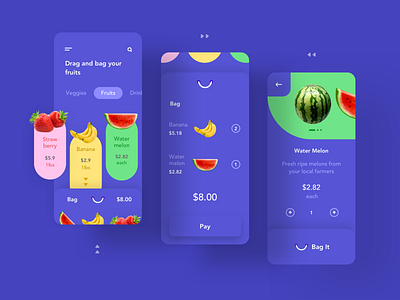 Drag to Bag add to bag add to cart concept design drag and drop fruits gesture grocery app minimal mobile shopping sketch ui vector