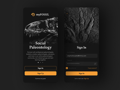 myFossil - Onboarding app application dark design dinosaur figma form interface log in login mobile myfossil onboarding paleontology ui