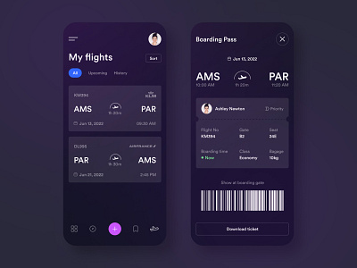 Boarding Pass Mobile App appdesign boarding pass booking app creative dailyui dark theme digitaldesign figma inspiration interactiondesign productdesign sketch ui uidesign userexperience userinterface userinterfacedesign ux webdesign websitedesign