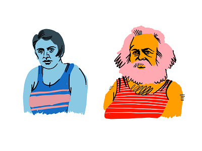 Karl Marx & Ayn Rand - swimsuit edition color drawing humor portrait summer swim