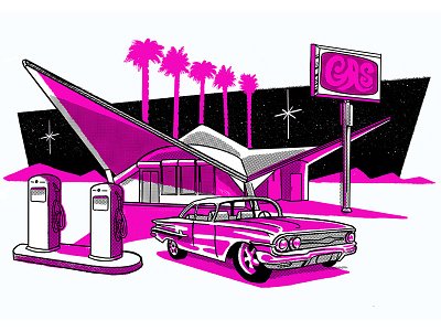 Retro Gas Station car color gas station illustration retro risoprint