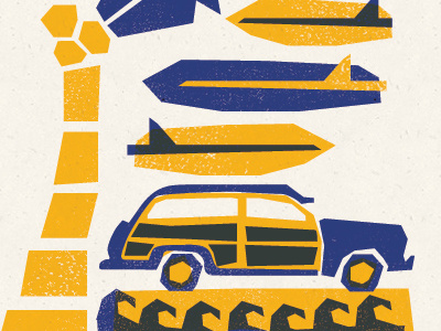 Fun in the Sun 2 color beach car cut out cutout illustration retro silkscreened surf