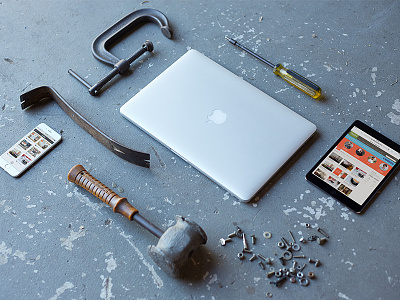 Apple Devices Workshop Mockup #2 apple garage hammer ipad iphone macbook mockup product mockup screws ui website workshop