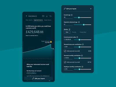 Retirement calculator results calculator dark ui financial planning fintech mobile mobile design pension projection retirement sipp