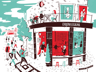 Esquina do Djalma Menu Cover Illustration character fun illustration mcm midcentury modern streets