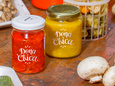Jar applications for Dona Chica restaurant branding design identity lettering logo restaurant rustic