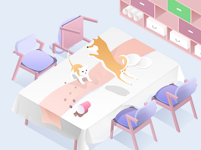 Pets on my table cat chair dining dog doge illustration table