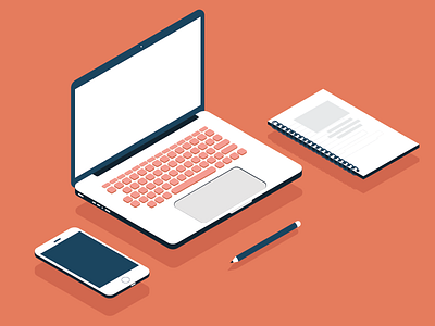 Isometric Icons - Laptop, phone, pencil and booklet