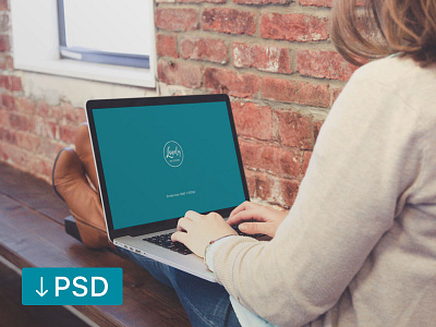 FREE mockup template: Woman Sitting With Macbook On Her Knees