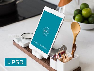 FREE mockup template: iPad In The Kitchen apple download free high resolution ios ipad mock up mockup photorealistic photoshop psd template