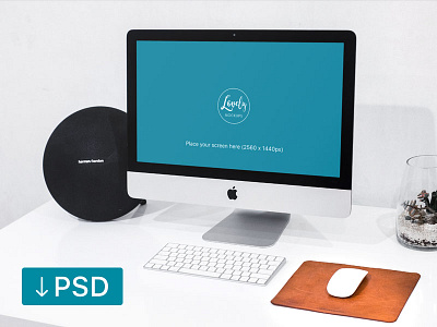 Imac On Office Desk With Cool Speakers (FREEBIE) apple free high resolution imac mock up mockup photorealistic photoshop psd workspace