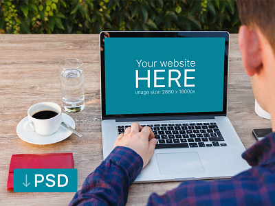 Macbook Mockup And Young Man With Blue Shirt