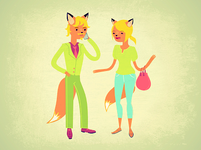 Mr. and Mrs. Fox animals anthropomorphic bright colors fashion foxes illustration