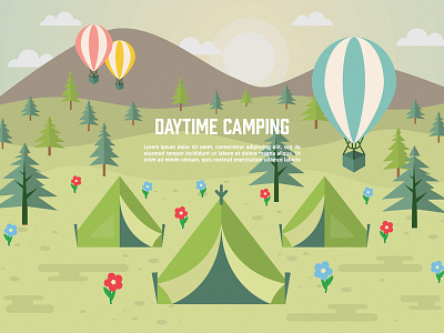 Daytime Camping baloon camping canyon grass landscape mountains outdoor tree vecteezy vector art