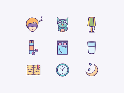 Sleeping Icons bed book clock lamp moon night owl pills sleep sleeping