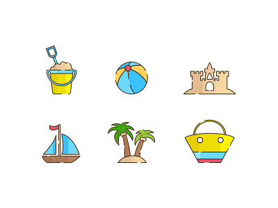 Summer ball beach boat bucket castle holiday icons palm sand summer tree vacation