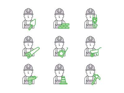 Worker Icons brick bricklayer builder construction crane hammer helmet meter saw shovel wheelbarrow worker