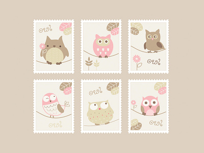 Owl Stamps bird birds cartoon cute nature owl stamp