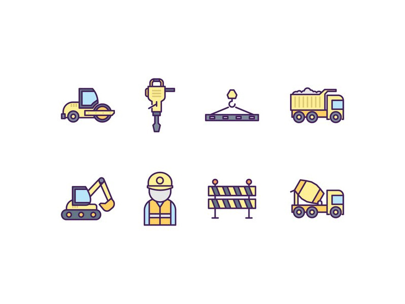 Construction Icons roadwork asphalt bulldozer construction crane truck roller road drill
