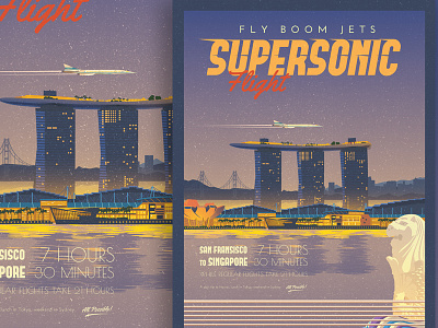 Supersonic Flight - SF to Singapore Travel Poster airplane illustration marina bay merlion poster san fransisco singapore supersonic travel travel poster vintage