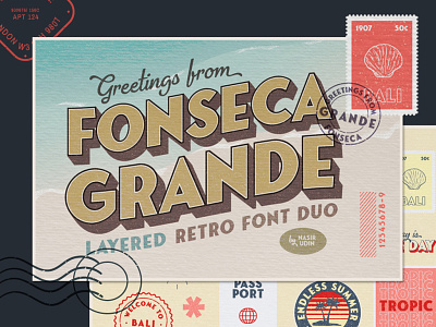 Fonseca Grande Retro Fonts branding classic display font font font download illustration layered font postcards poster retro sans serif travel typography vintage vintage font