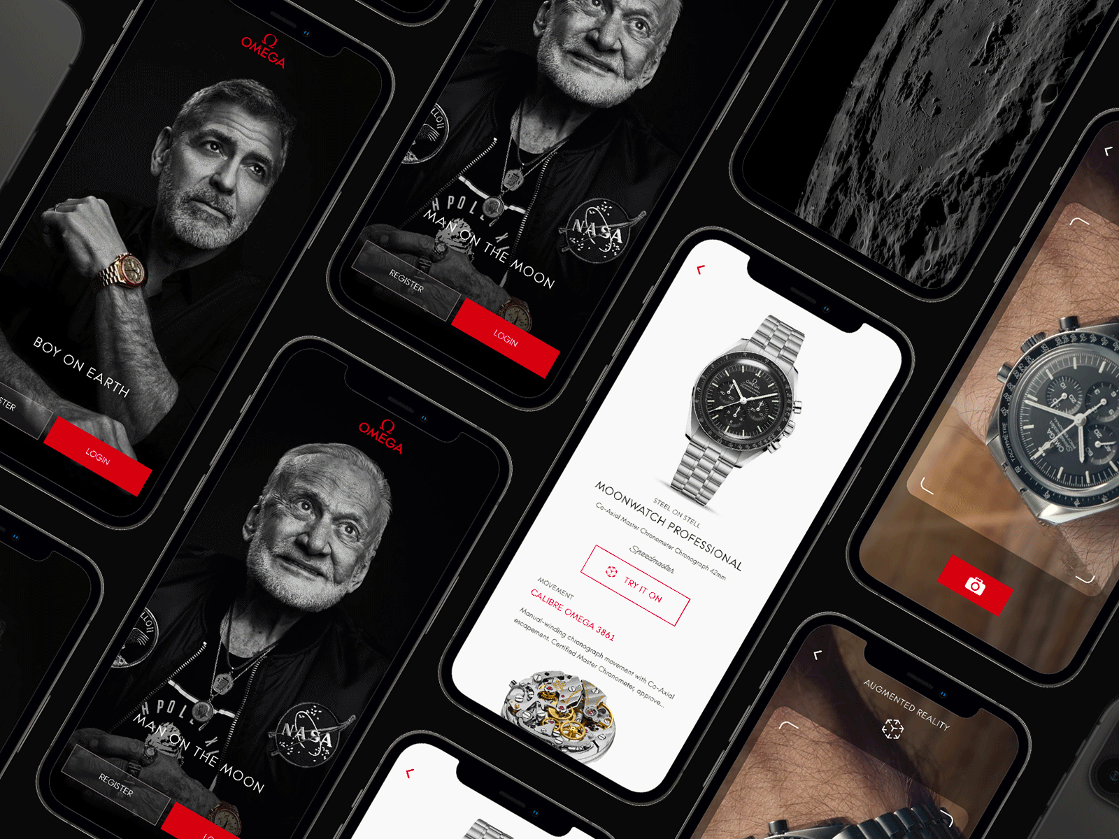 Man on the moon – Boy on earth (App design idea) aldrin app ar augmented reality boy on earth brand buzz buzz aldrin clooney design george clooney inspiration man on the moon moon moonwatch omega speed master speedy ui ux