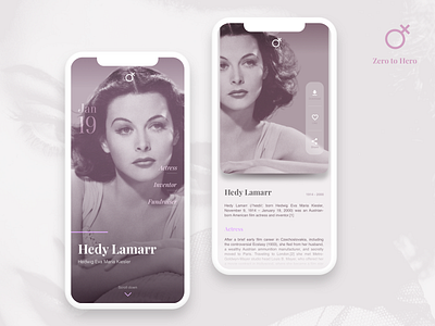 Zero to Hero a day actress brand daily display female character femenine hedy hedy lamarr inventor lamarr like navigation scroll share ui ux wifi woman women