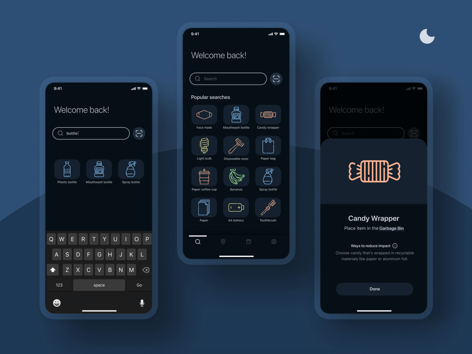 Recycling App - Light & Dark Modes animation app clean color palette color scheme colours concept dark dark mode dark theme figma ios mobile modals recycling search sustanability ui waste management