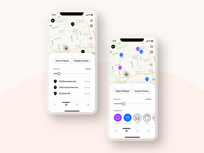 Recycling App - Map Screens app clean concept figma filters ios location map mobile navigation recycling search sustainability tags toggle button ui waste management
