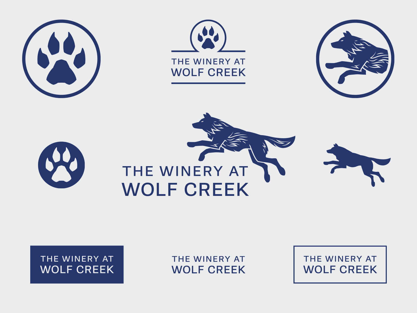 The Winery at Wolf Creek logo system blue brand branding design grey identity logo logotype pawprint system type typography vector winery wolf