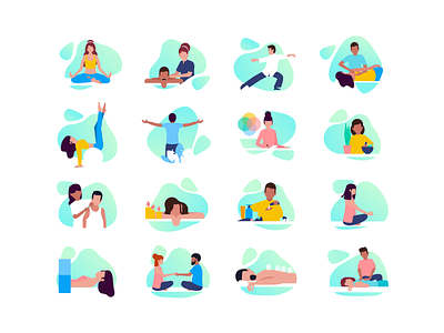 Camp icons brand style guide bright color combinations design exploration icon font icons interface massage therapy medical care minimal clean design nutrition service icons user interface ui vector illustration yoga