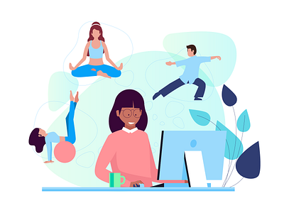 Camp illustration brand style guide bright color combinations characterdesign design exploration massage therapy medical care minimal clean design nutrition user interface ui vector illustration yoga