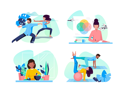 Camp Illustrations brand style guide bright color combinations character characterdesign design exploration massage therapy medical care minimal clean design nutrition user interface ui vector illustration yoga