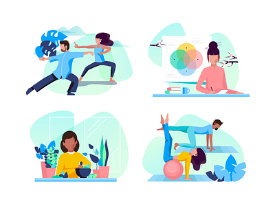 Camp Illustrations brand style guide bright color combinations character characterdesign design exploration massage therapy medical care minimal clean design nutrition user interface ui vector illustration yoga