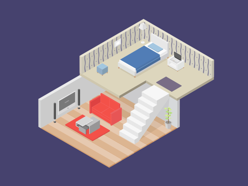 Home Sweet Home animation bed carpet home isometric motion pixflow purple sofa stairs tv