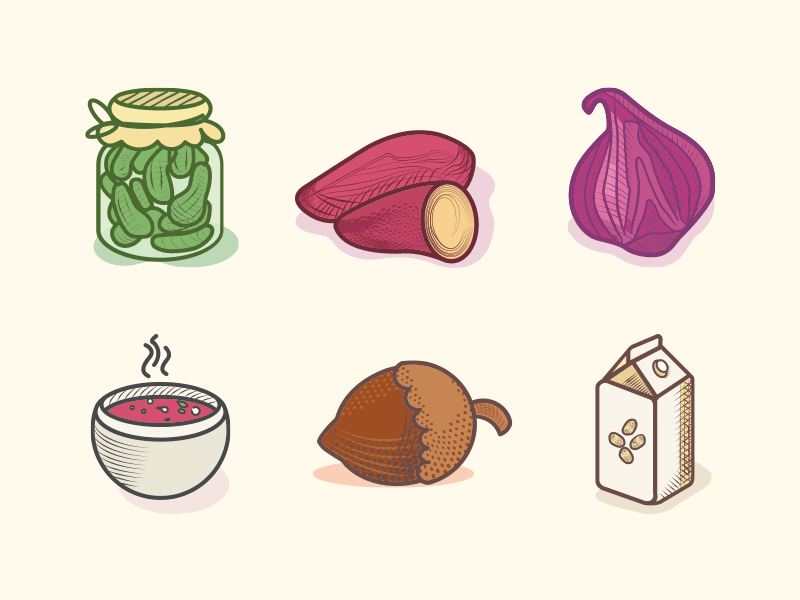 Veggie Food Icons Colored icons vegan vegetarian soup leguminous greens engraving etching illustration yam milk pickles
