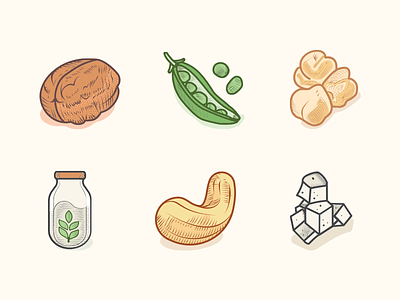 Veggie Food Icons Colored 2 engraving etching greens icons illustration leguminous milk pickles shellfruit vegan vegetarian veggies